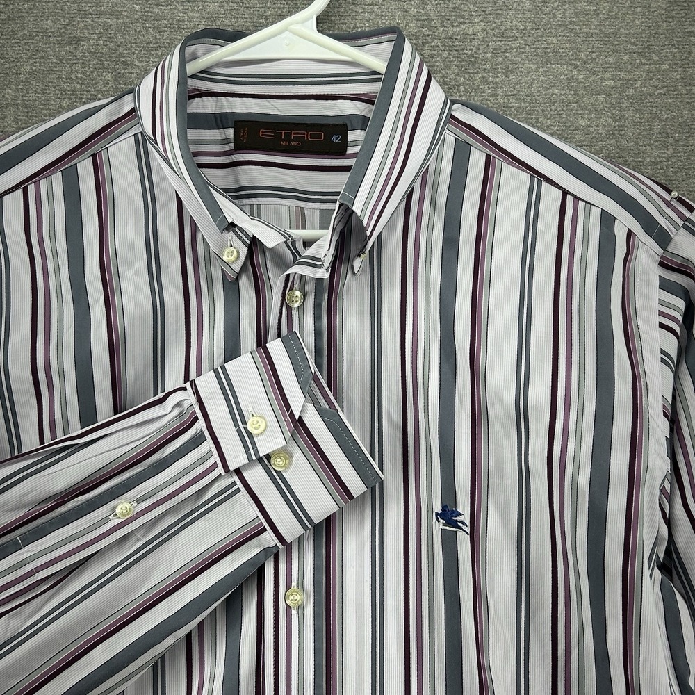 Etro Milano Dress Shirt Men Size 42 Gray Burgundy Stripes Long Sleeve Made Italy